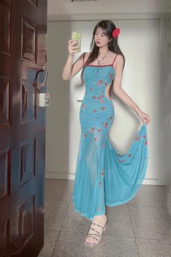 Vintage Blue Floral Body-Shaping Dress - Elastic Waist-Cinching Beach Skirt for a Stunning Vacation Look