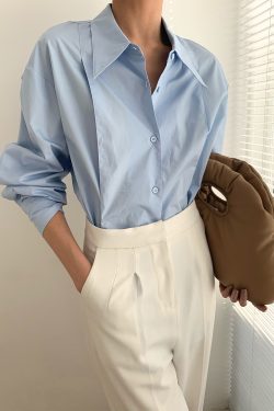 Vintage Blue Long Sleeve Shirt with Pointed Collar, Loose Silhouette, Doll Collar & 3D Pleats - Retro Style Fashion Top
