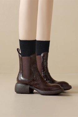 Vintage Brown Genuine Leather Chelsea Ankle Boots for Women - Soft Thick-Soled Round-Toe Elastic Short Boots, Versatile Style