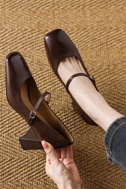 Vintage Brown Washed Cowhide Chunky Heel High-Heeled Mary Jane Shoes for Women - Stylish French Strap Design