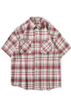 Vintage Brushed Plaid Short-Sleeve Shirt for Men & Women, Loose Casual Half-Sleeve Top, Versatile Couple's Shirt, Trendy Fashion