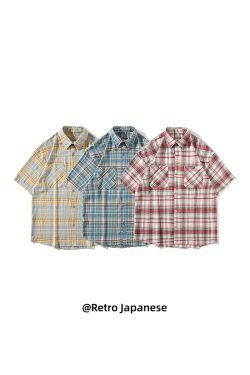 Vintage Brushed Plaid Short-Sleeve Shirt for Men & Women, Loose Casual Half-Sleeve Top, Versatile Couple's Shirt, Trendy Fashion