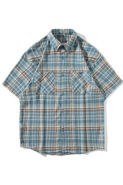 Vintage Brushed Plaid Short-Sleeve Shirt for Men & Women, Loose Casual Half-Sleeve Top, Versatile Couple's Shirt, Trendy Fashion