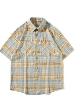 Vintage Brushed Plaid Short-Sleeve Shirt for Men & Women, Loose Casual Half-Sleeve Top, Versatile Couple's Shirt, Trendy Fashion
