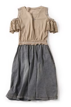 Vintage Casual Dress with Off-Shoulder Design, Hollow Embroidery, and Spliced Denim - European Summer Fashion