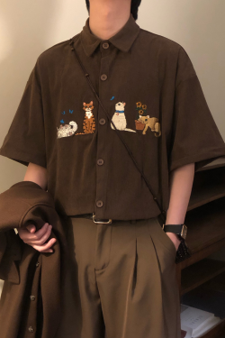 Vintage Cat Embroidery Corduroy Short Sleeve Shirt for Men & Women - Summer College Style, Loose Casual Versatile Top