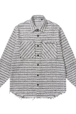 Vintage Coarse Tweed Long Sleeve Shirt with Frayed Hem and Distressed Clean Fit, Y2K Inspired Korean Style Fashion