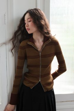 Vintage Color-Block Striped Slim-Fit Ribbed Knit Cardigan in Australian Merino Wool - 90s Inspired Fashion