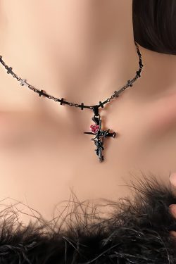 Vintage Dark Cross Thorn Rose Choker Necklace for Women - Sweet Cool Spicy Girl Collar Accessory
