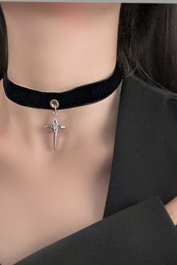 Vintage Dark Style Whale Tang Cross Four-Pointed Star Choker Necklace with Velvet Ribbon - Y2K Inspired Short Neck Chain Accessory