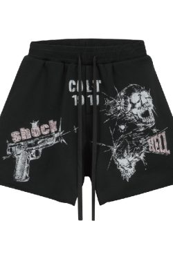 Vintage Destruction Five-Point Shorts with Curved Blade Print - American Style, Casual, Streetwear, Y2K Fashion