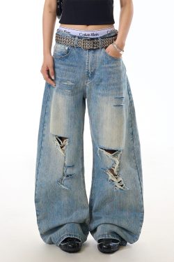 Vintage Distressed Bamboo Stripe Jeans for Women, Ripped Loose Curved Blade Wide-Leg Casual Pants, Y2K Fashion