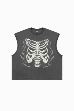 Vintage Distressed Flame Skull Sleeveless T-Shirt for Men - Trendy Dance Club Graphic Tee, Y2K Style, Casual Streetwear