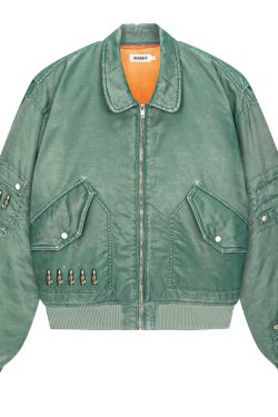 Vintage Distressed Green Outline Curved Blade MA-1 Flight Jacket - Retro 90s Style Bomber Jacket for Casual Streetwear
