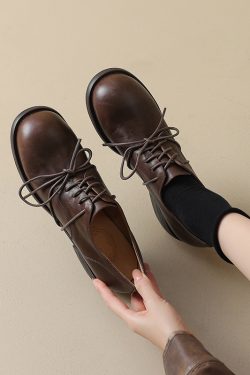 Vintage Distressed Horse Leather Round-Toe Lace-Up Low-Heeled Derby Shoes - Heavy-Duty Y2K Style Loafers for Timeless Elegance