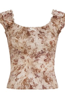 Vintage Distressed Square Neck T-Shirt with Dried Rose Print, Slim Fit Paris Love Letter Design, Y2K Floral Style Top