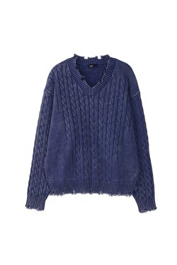 Vintage Distressed V-Neck Sweater in Blue/Brown - 90s Inspired Roaring Beast Design, Perfect for Y2K and Retro Fashion Lovers