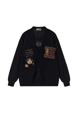 Vintage Embroidered Dreadlocks Little Black Sweater Cardigan Coat for Men and Women - Unisex Knitted Fashion Outerwear