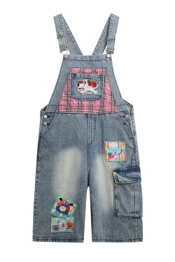 Vintage Embroidered Puppy Checkered Denim Jumpsuit for Women - Summer Casual Straight Leg Seven-Point Overalls