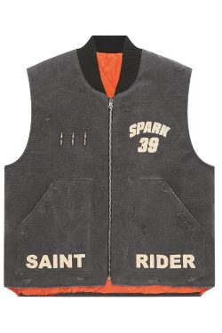 Vintage Faded Distressed Quilted Workwear Vest with Racing Bullet Print - Cotton Jacket for a 90s Inspired Look