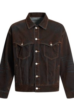 Vintage Flocked Wax Dyed Denim Jacket for Women - Stylish Streetwear with a High-End Feel, American Aesthetic Fashion Outerwear