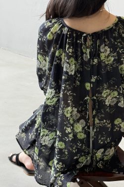 Vintage Floral Doll Shirt - Women's Back Open Cardigan with Tie, Unique French Style, 2025 Summer Short Sleeve Top