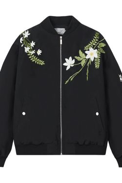 Vintage Floral Embroidery Padded Flight Jacket - American Style, Retro 90s Fashion, Trendy Outerwear for Women