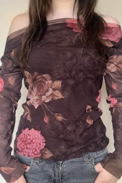 Vintage Floral Print One-Shoulder Mesh T-Shirt with Dried Rose Design - 90s Inspired Short Top for a Romantic Look
