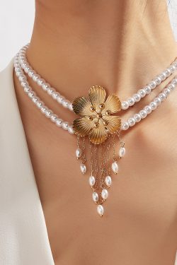 Vintage French Elegant Flower Pearl Tassel Choker Necklace for Women, Diamond Inlay Collarbone Chain