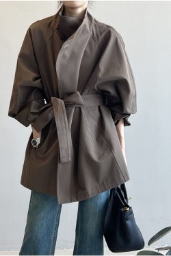 Vintage French Mid-Length Trench Coat for Women - Loose Fit, Casual Stand Collar, Spring Autumn 2025 Fashion
