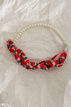 Vintage French Pearl Silk Scarf Necklace with Cashew Flower Ribbon - Elegant Small Neck Scarf and Clavicle Chain for Women