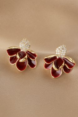 Vintage French Red Petal Dripping Glaze Earrings for Women, Leaf-Shaped Floral Design, Elegant Autumn Winter Jewelry