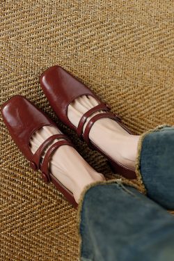 Vintage French Square-Toe Genuine Leather Chunky-Heeled Mary Jane Shoes in Wine Red for Women – Retro Y2K Style