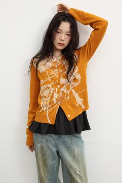 Vintage Hand-Painted Flower Color-Block Round Neck Fine Wool Knitted Cardigan - 90s Inspired Fashion Statement Piece