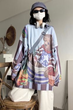 Vintage Handmade Bear Knitted Sweater for Autumn Winter - Loose Unisex Korean Style Versatile Cozy Knitwear