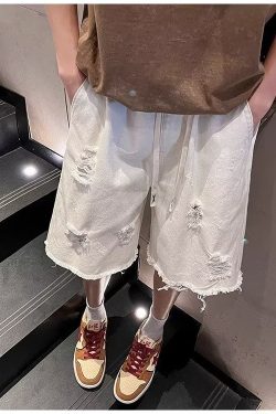 Vintage High Street Frayed Washed Denim Shorts for Men & Women, Trendy Loose Straight Casual Summer Five-Point Shorts
