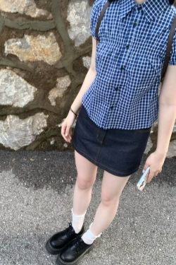 Vintage Hong Kong Style Blue Plaid Shirt for Women - Slim Fit Flattering Versatile Summer Top, Perfect for 90s and Y2K Fashion