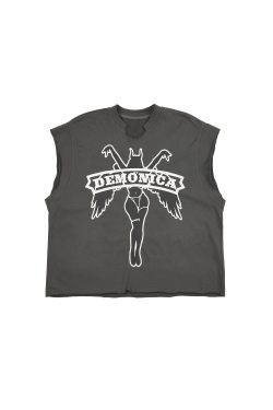Vintage Illustration Print Oversized Distressed Neckline Sleeveless Vest - Trendy Summer Fashion, Retro Style, Limited Edition