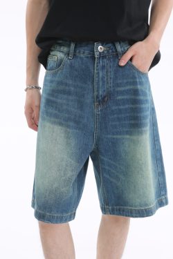 Vintage-Inspired Dark Blue Denim Shorts for Summer - Distressed Loose Fit Straight-Leg Five-Point Casual Style