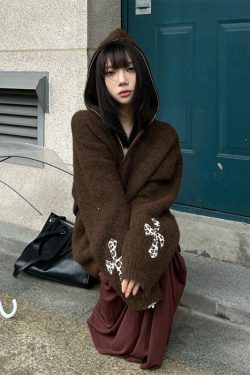 Vintage-Inspired Hooded Sweater for Women, Autumn/Winter Cross Double Zipper Knitted Top, Loose Long Sleeve Jacket, Trendy Fall Fashion