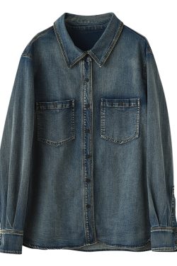 Vintage-Inspired Loose Mid-Length Long Sleeve Denim Shirt Jacket - Stylish Casual Outerwear for Effortless 90s and Y2K Fashion