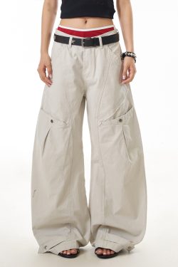 Vintage Inspired Women's Wide Leg Pleated Pants - Casual Curved Blade Design, Loose Fit, Washed Finish, Trendy American Style