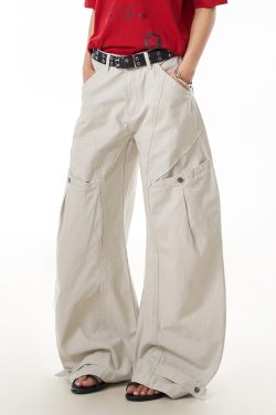 Vintage Inspired Women's Wide Leg Pleated Pants - Casual Curved Blade Design, Loose Fit, Washed Finish, Trendy American Style