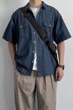 Vintage Japanese-Style Distressed Denim Short Sleeve Shirt for Men and Women, Summer Loose Fit with Double Pockets, Casual Trendy Wear
