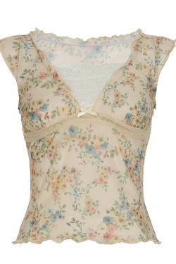 Vintage Lace Spliced Low Neck Short Top with Faux Two-Piece Design - Y2K Inspired Fashion for Effortless Style