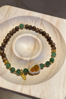 Vintage Natural Jadeite Agarwood Beaded Gourd Tree Leaf Bracelet - High-End Light Luxury Wristband Accessory