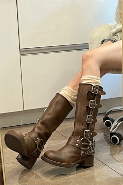 Vintage Over-the-Knee Genuine Leather Chunky Heel Martin Boots for Women - Western Cowboy Style Summer Footwear