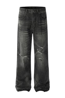 Vintage Paint-Stained Distressed Ripped Jeans with Cat Whiskers - American High Street Style, 90s-Inspired Denim Fashion