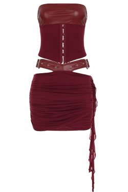 Vintage Palace Style Strapless Top with Leather Hollow-Out Waist Bag & Hip-Hugging Skirt Set for Women - Chic Y2K Fashion