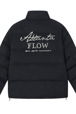 Vintage Pearl Embroidery Down Jacket with Text Design, Self-Heating, Black and Gold Lining, Retro Style